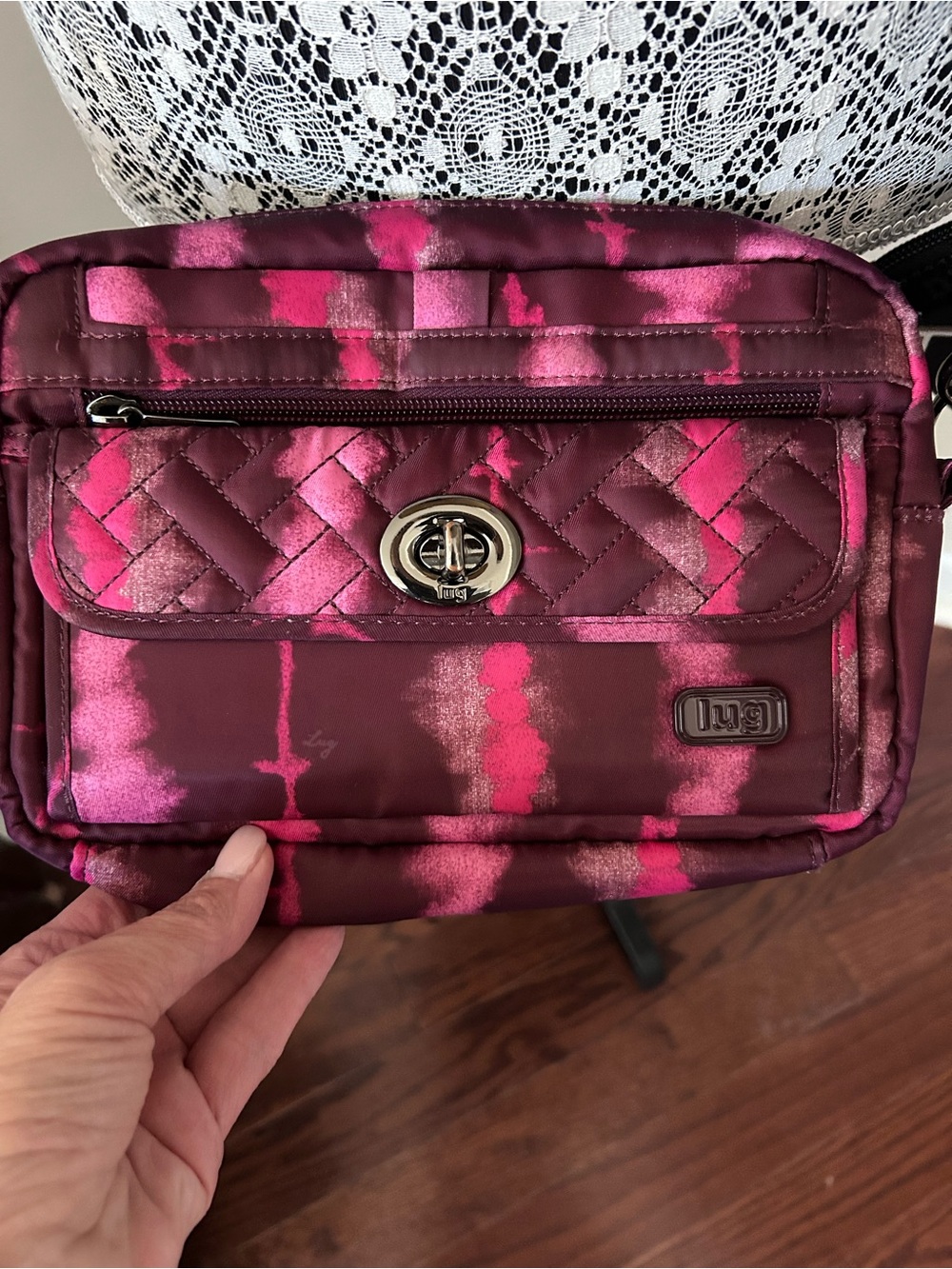 lug Quilted Crossbody Bag in Burgundy with Pink Accents
